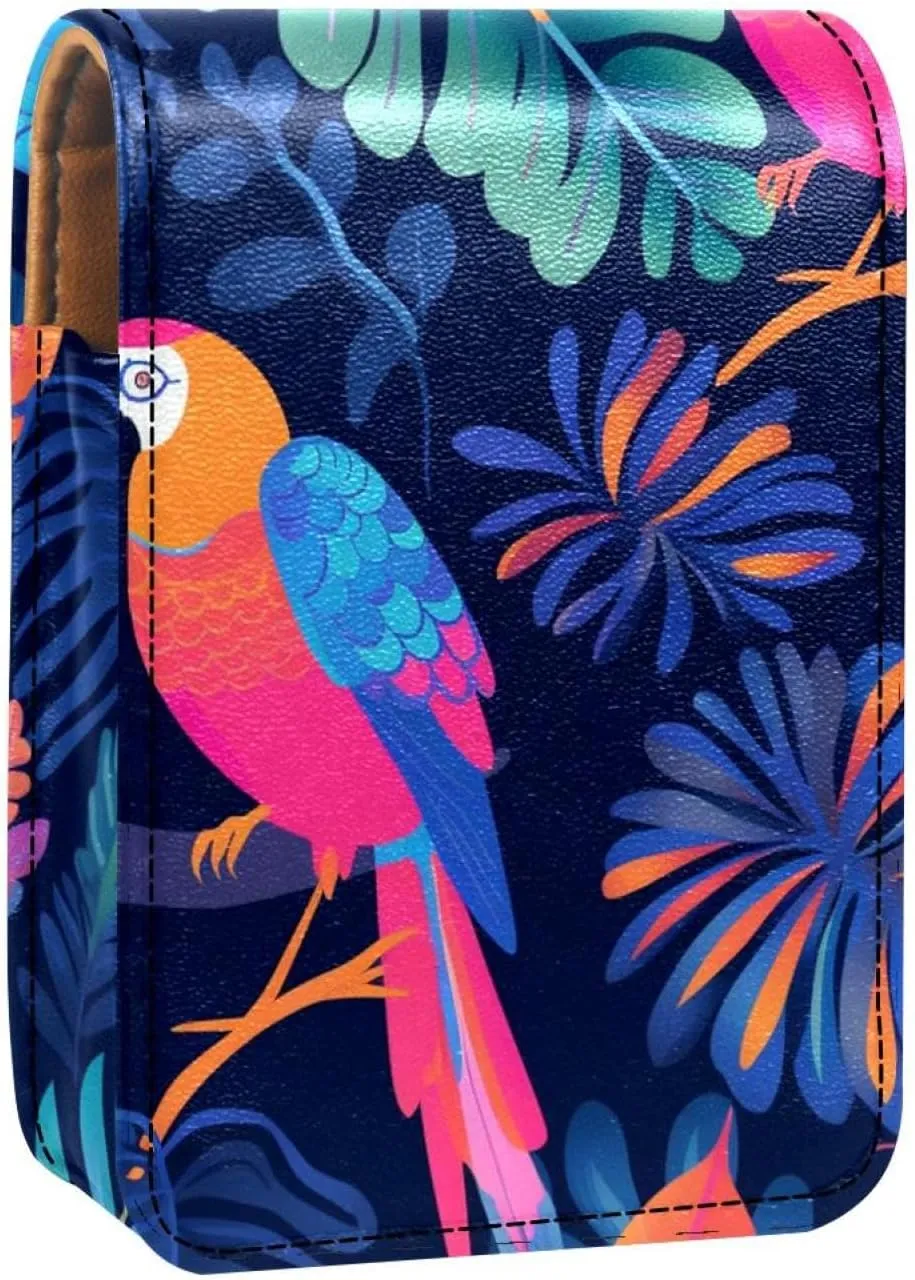 Lipstick Case,Leather Lip Gloss Lipstick Organizer with Mirror,Mini Lipstick Holder Bag,Colorful Tropical Jungle Leaves Parrots