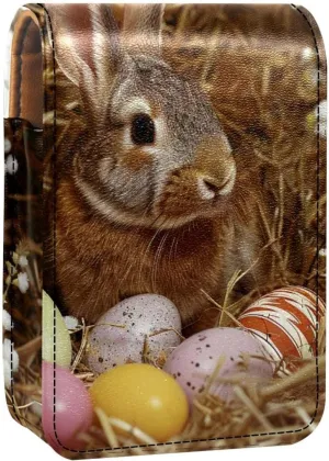 Lipstick Case,Leather Lip Gloss Lipstick Organizer with Mirror,Mini Lipstick Holder Bag,Easter Eggs Rabbit