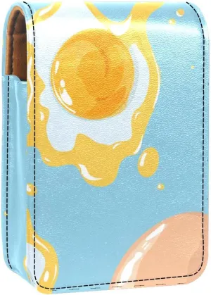 Lipstick Case,Leather Lip Gloss Lipstick Organizer with Mirror,Mini Lipstick Holder Bag,Egg Food Cartoon Fried Egg