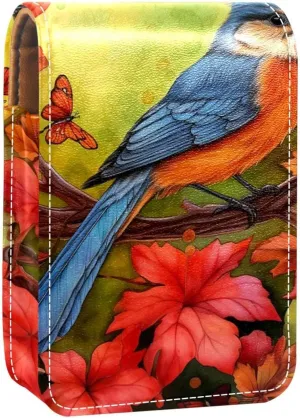 Lipstick Case,Leather Lip Gloss Lipstick Organizer with Mirror,Mini Lipstick Holder Bag,Flower Birds Autumn Bird