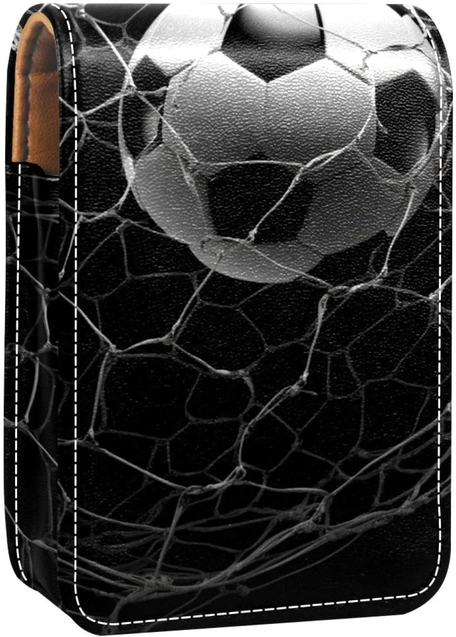 Lipstick Case,Leather Lip Gloss Lipstick Organizer with Mirror,Mini Lipstick Holder Bag,Football and Net