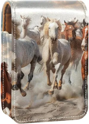 Lipstick Case,Leather Lip Gloss Lipstick Organizer with Mirror,Mini Lipstick Holder Bag,Running Horse Desert Steppe