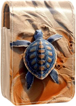 Lipstick Case,Leather Lip Gloss Lipstick Organizer with Mirror,Mini Lipstick Holder Bag,Sea Turtle on the Beach