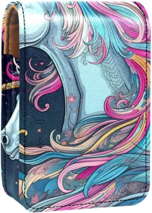 Lipstick Case,Leather Lip Gloss Lipstick Organizer with Mirror,Mini Lipstick Holder Bag,Unicorn and Rainbow Clouds