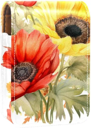 Lipstick Case,Leather Lip Gloss Lipstick Organizer with Mirror,Mini Lipstick Holder Bag,Watercolor Red and Yellow Flowers