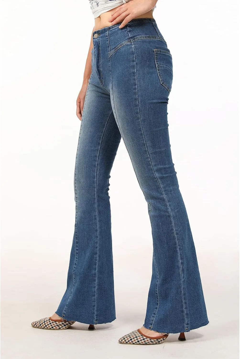 Lisskolo Bell Bottom Jeans for Women Flared Floral Embroidered Jean Wide Leg Denim Pants