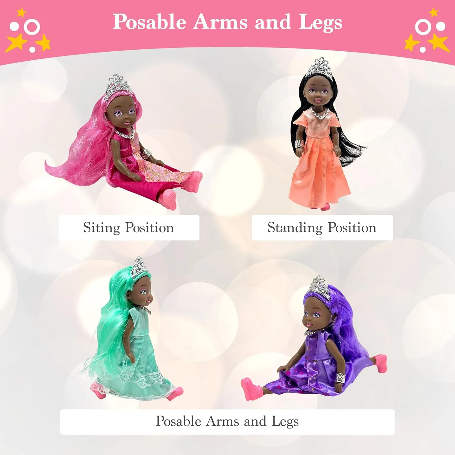 Little Dolls Set with Mini Princess Dolls for Girls – Princess Toy Dolls for Dollhouse –Small Doll Mini Princess Figures with Tiaras, Hair Accessories