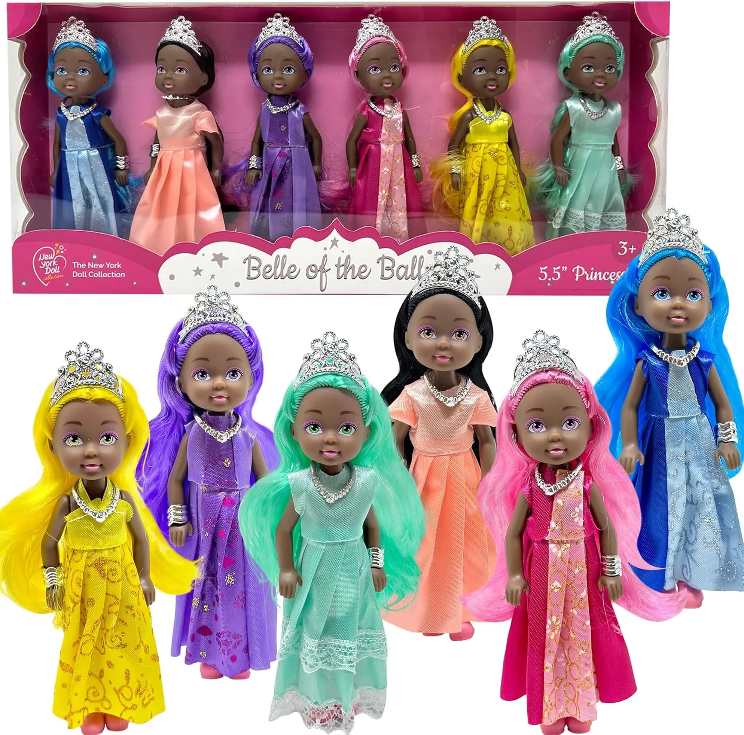 Little Dolls Set with Mini Princess Dolls for Girls – Princess Toy Dolls for Dollhouse –Small Doll Mini Princess Figures with Tiaras, Hair Accessories