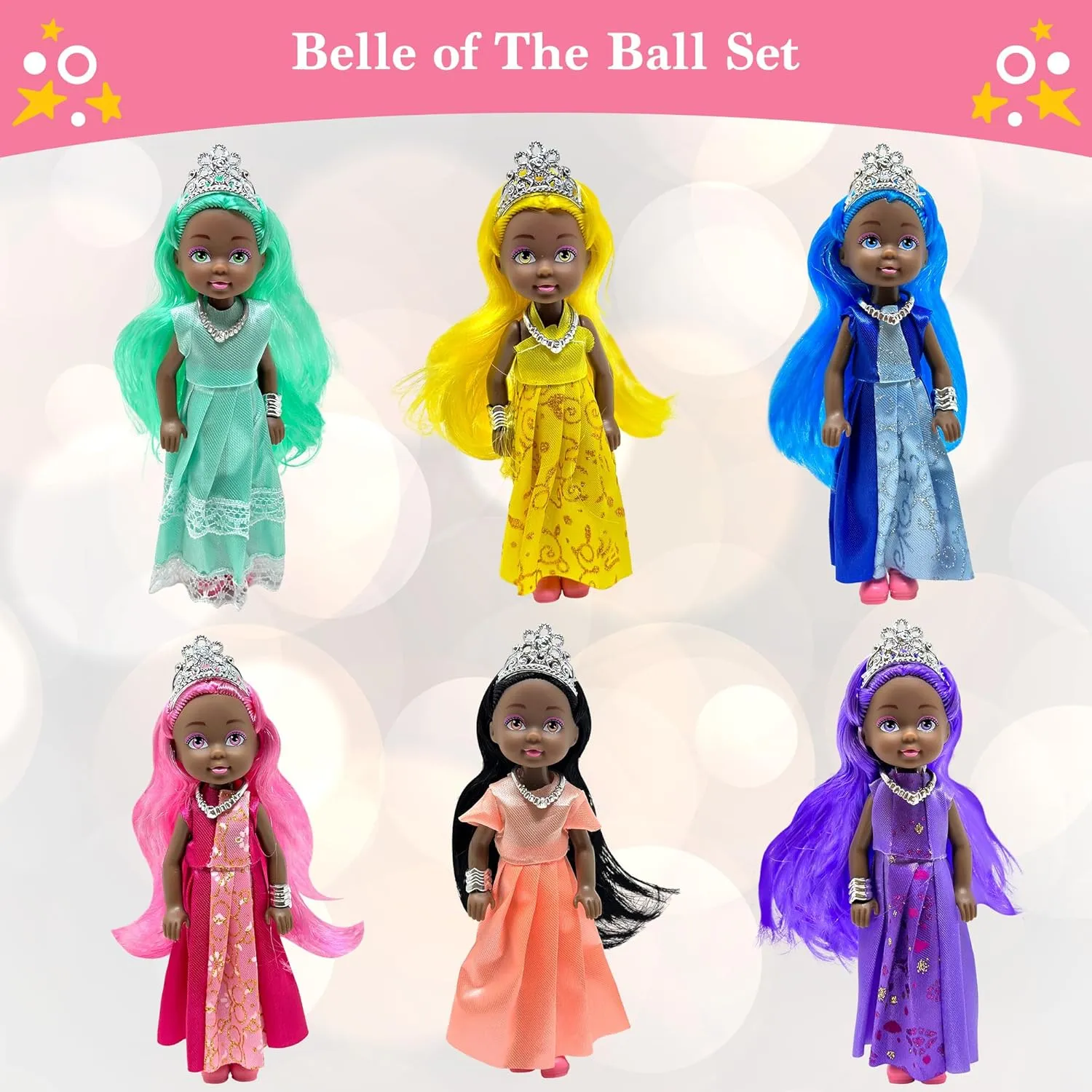 Little Dolls Set with Mini Princess Dolls for Girls – Princess Toy Dolls for Dollhouse –Small Doll Mini Princess Figures with Tiaras, Hair Accessories