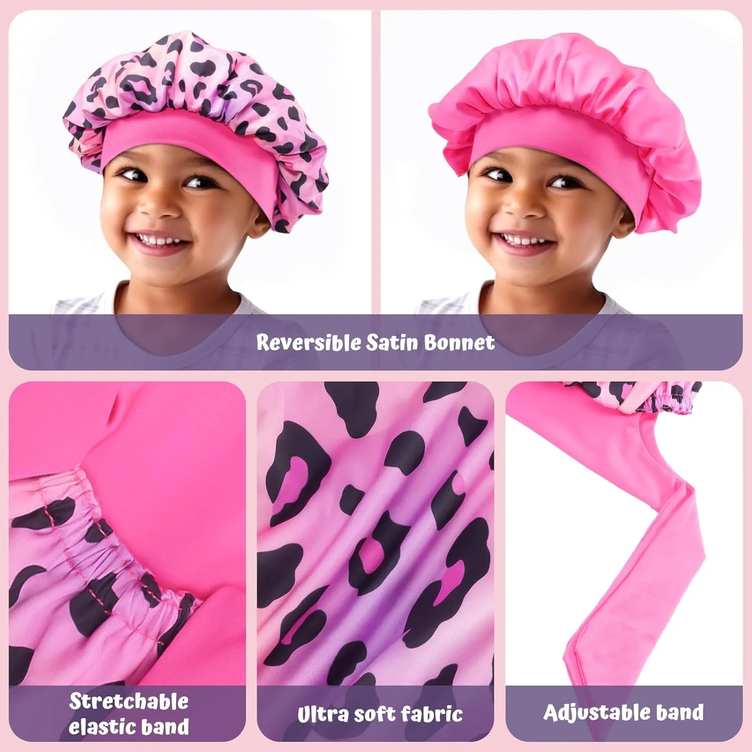 Lolalet 2 PCS Kids Bonnets for Girls, Reversible Silk Bonnet for Sleeping Satin Bonnet Cap with Wide Elastic Band -Cow & Leopard