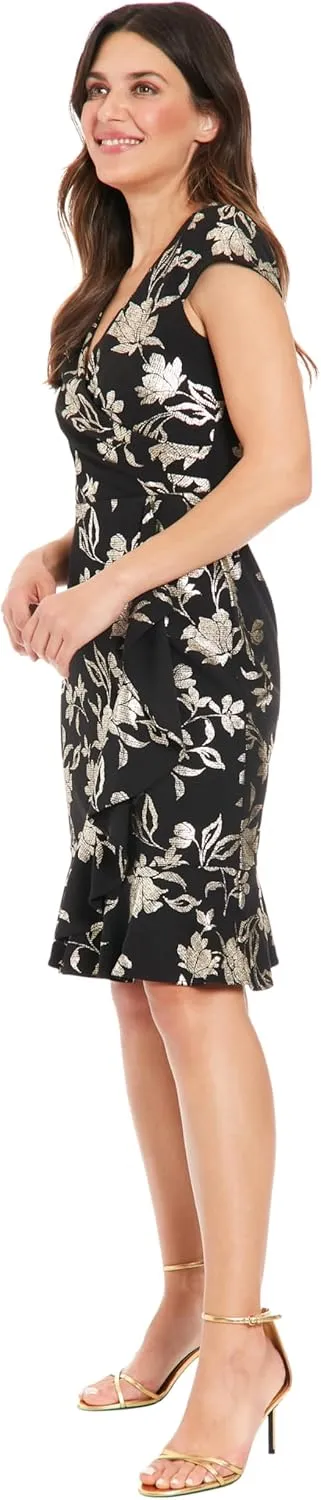 London Times Women's Pleated Surplus Cascade Flounce Dress