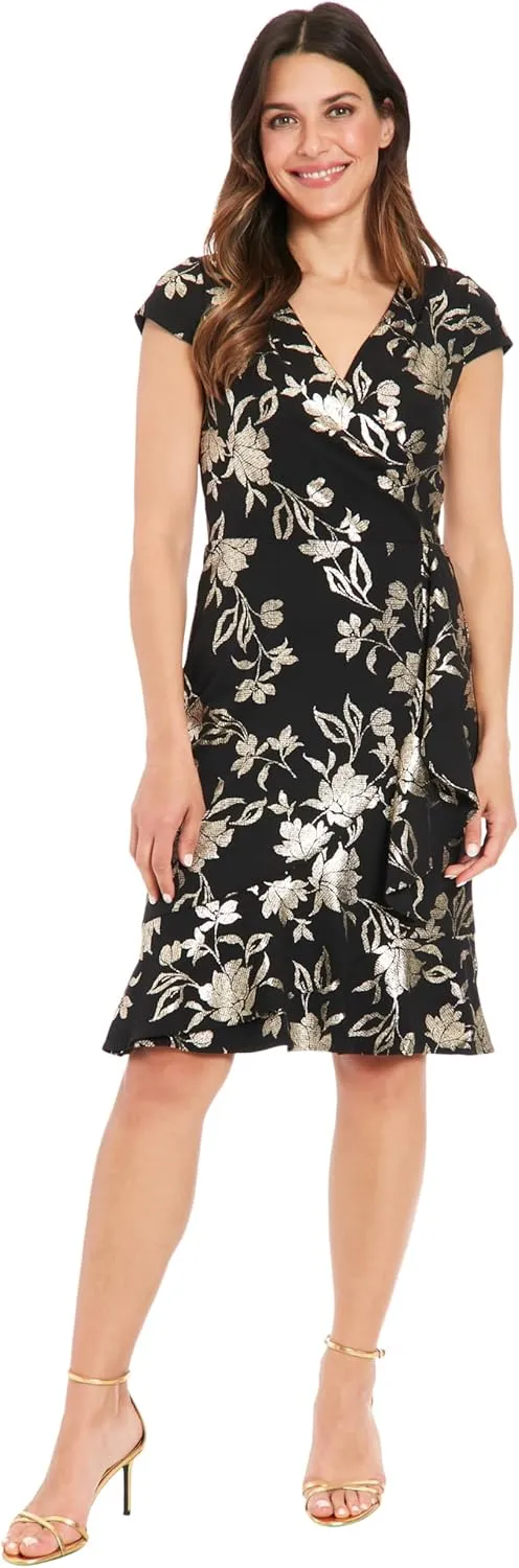 London Times Women's Pleated Surplus Cascade Flounce Dress