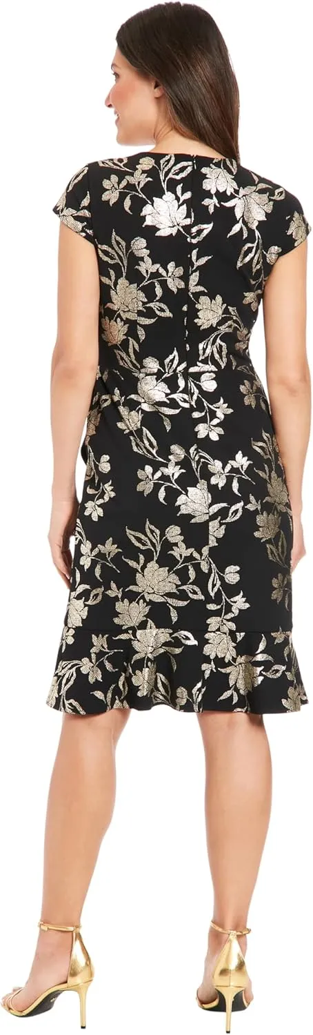 London Times Women's Pleated Surplus Cascade Flounce Dress