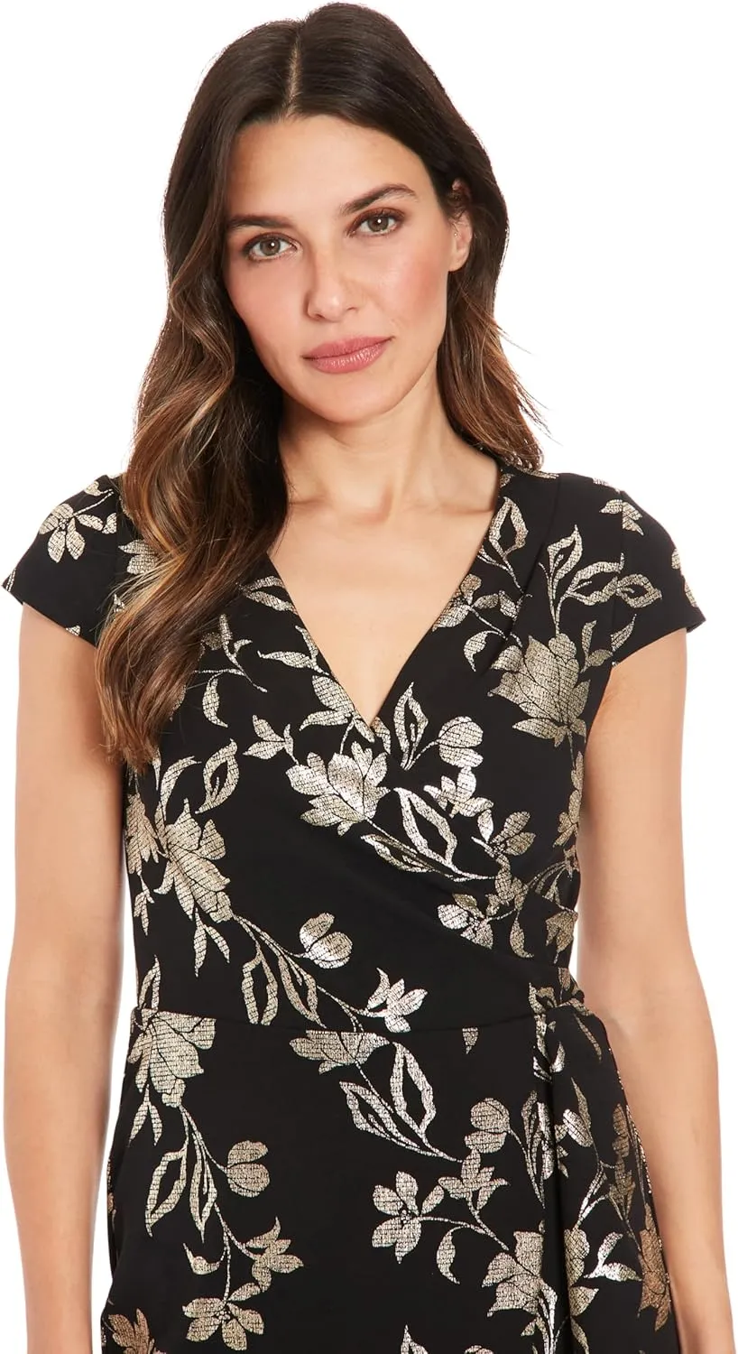London Times Women's Pleated Surplus Cascade Flounce Dress