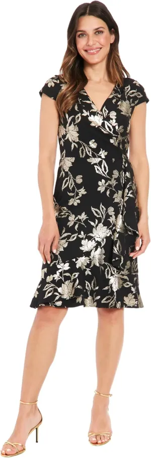 London Times Women's Pleated Surplus Cascade Flounce Dress
