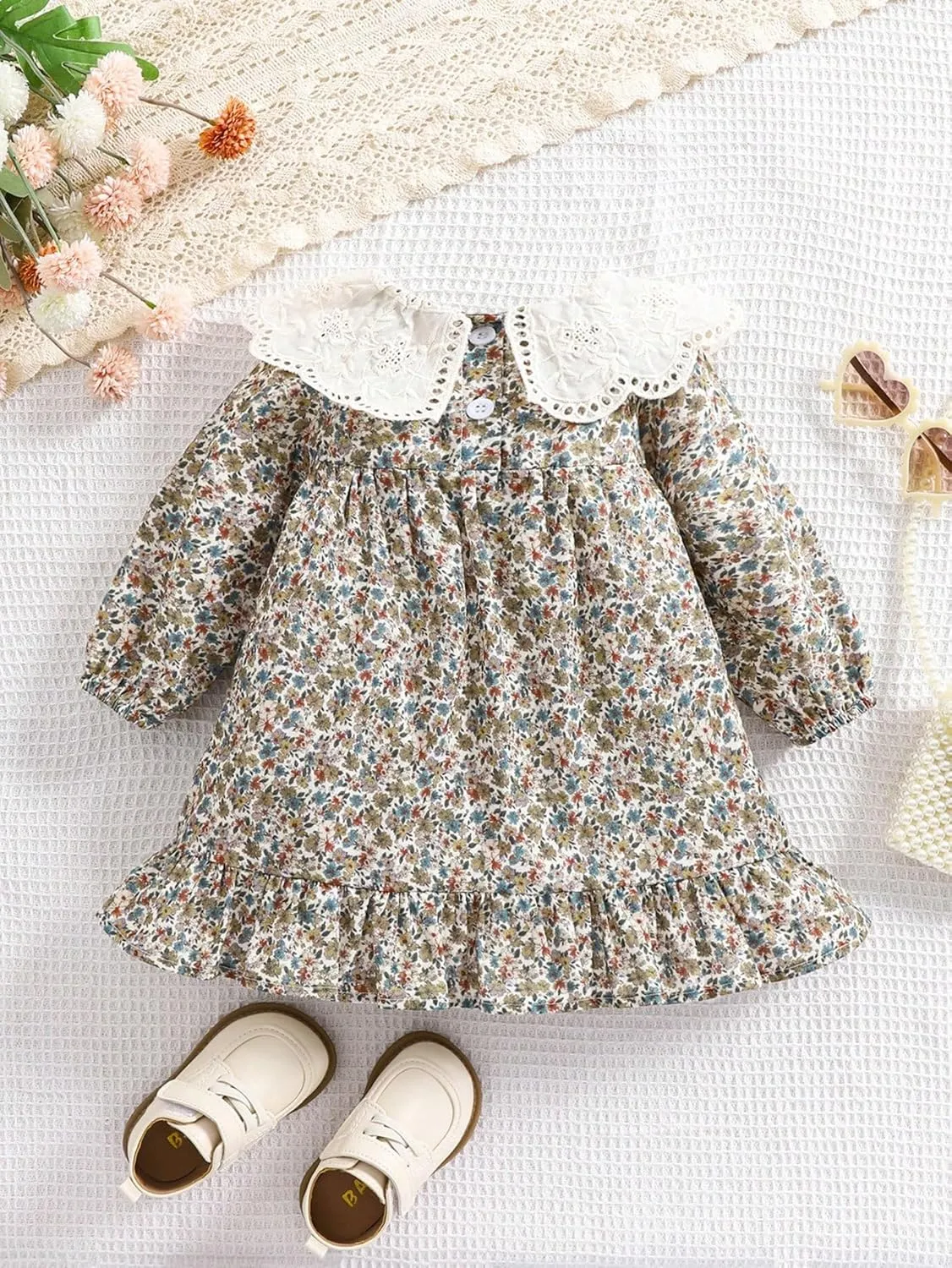 Long - Sleeve Floral Print Cotton Dress for Baby & Toddler Girls, 6 Months - 5 Years