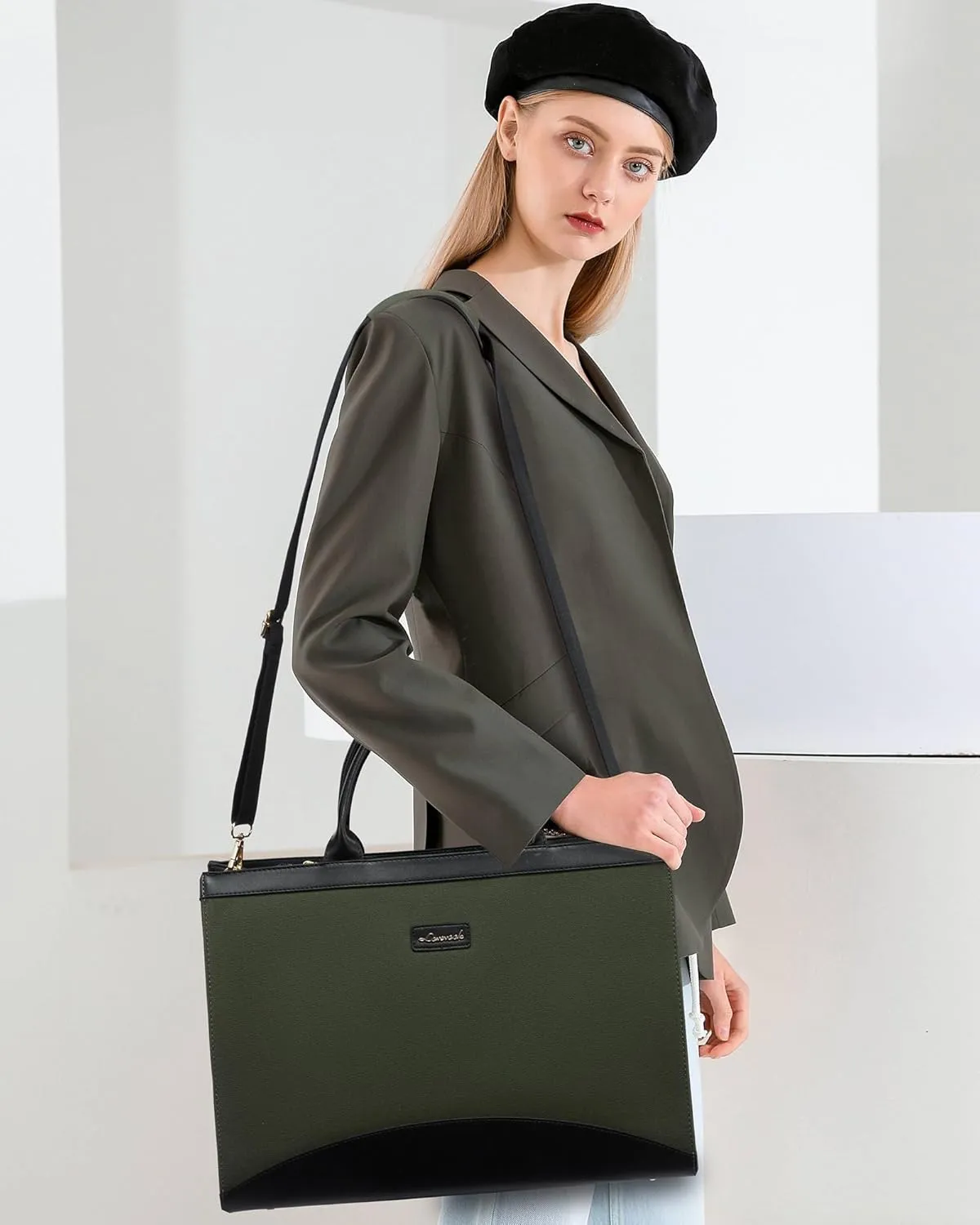 LOVEVOOK Laptop Tote Bag for Women 15.6 Inch Large Capacity Work Bag with Clutch Purse for Teacher, Canvas Computer Bag for Business fits Office College Travel Green & Black