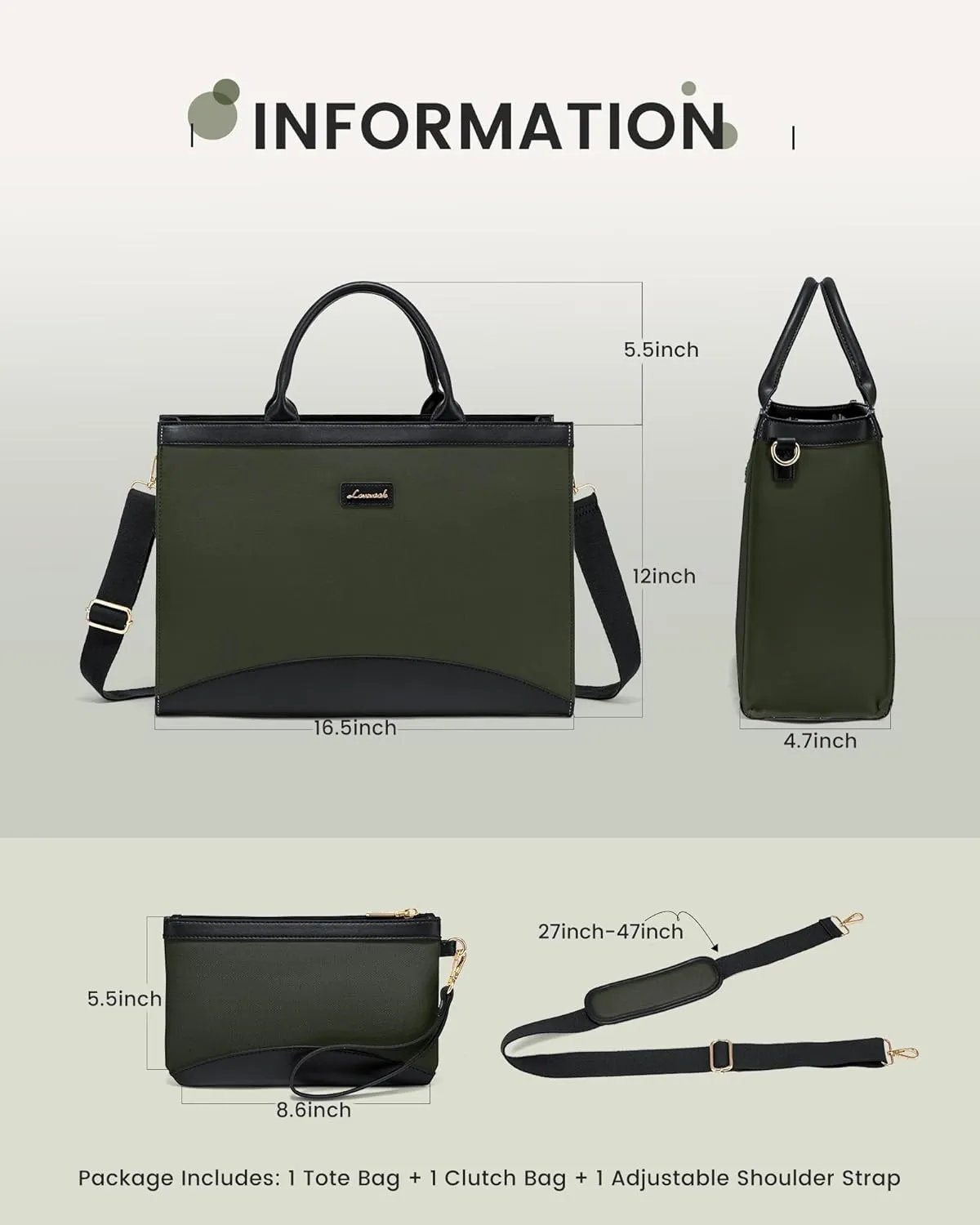 LOVEVOOK Laptop Tote Bag for Women 15.6 Inch Large Capacity Work Bag with Clutch Purse for Teacher, Canvas Computer Bag for Business fits Office College Travel Green & Black