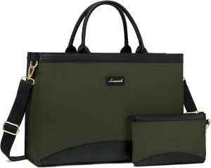 LOVEVOOK Laptop Tote Bag for Women 15.6 Inch Large Capacity Work Bag with Clutch Purse for Teacher, Canvas Computer Bag for Business fits Office College Travel Green & Black