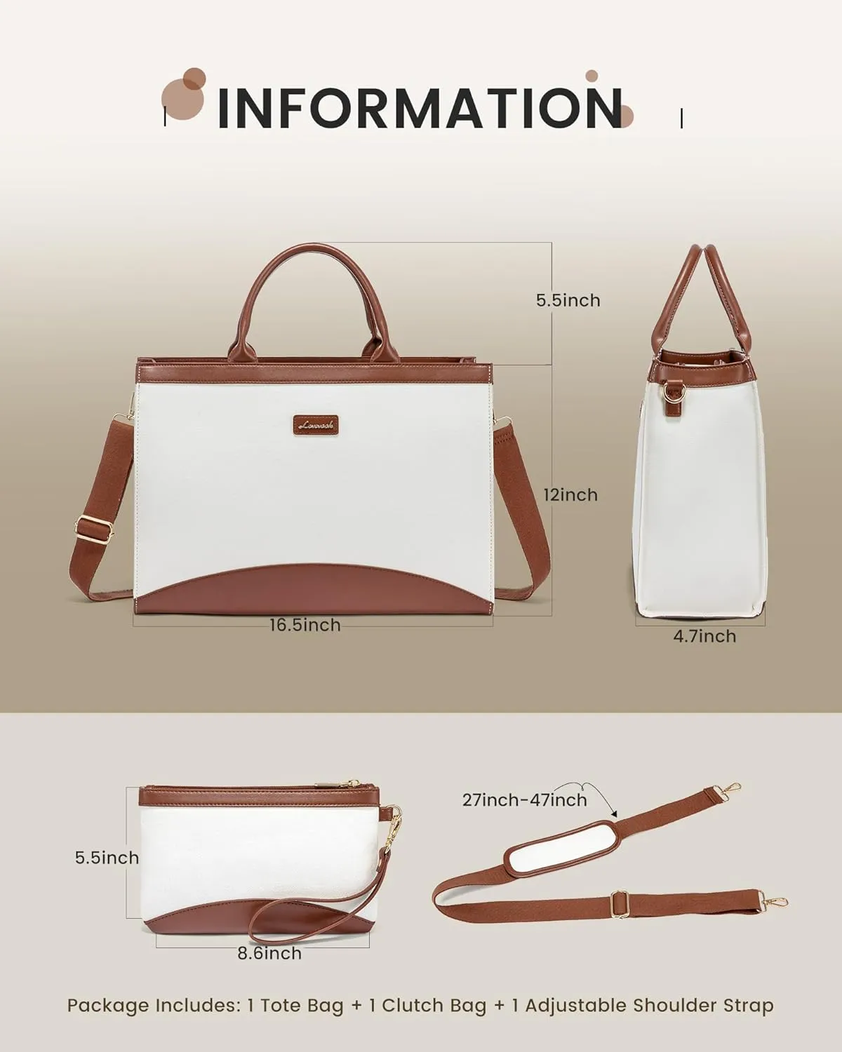 LOVEVOOK Laptop Tote Bag for Women 15.6 Inch Large Capacity Work Bag with Clutch Purse for Teacher, Canvas Computer Bag for Business fits Office College Travel White & Brown