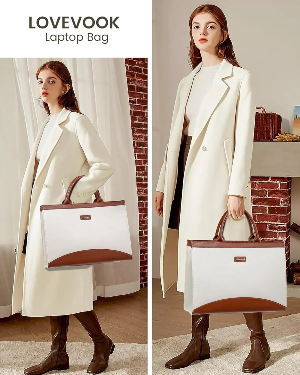 LOVEVOOK Laptop Tote Bag for Women 15.6 Inch Large Capacity Work Bag with Clutch Purse for Teacher, Canvas Computer Bag for Business fits Office College Travel White & Brown