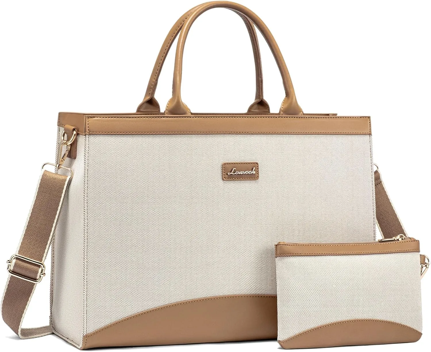 LOVEVOOK Laptop Tote Bag for Women 15.6 Inch Large Capacity Work Bag with Clutch Purse for Teacher, Jute Computer Bag for Business fits Office College Travel Brown & Apricot