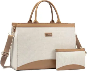 LOVEVOOK Laptop Tote Bag for Women 15.6 Inch Large Capacity Work Bag with Clutch Purse for Teacher, Jute Computer Bag for Business fits Office College Travel Brown & Apricot