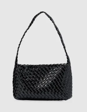 Luca Woven Shoulder Bag Black Glossy Crinkle