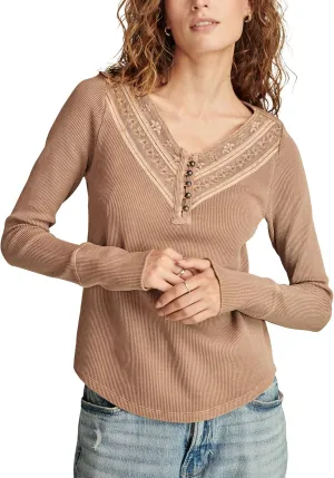 Lucky Brand Women's Embroidered Mesh Yoke Henley