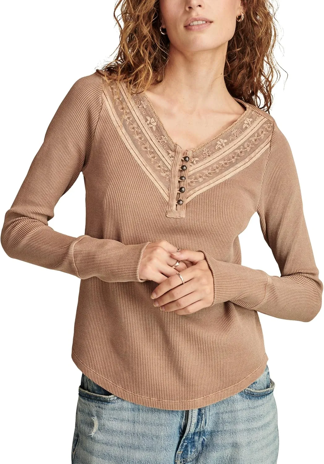 Lucky Brand Women's Embroidered Mesh Yoke Henley