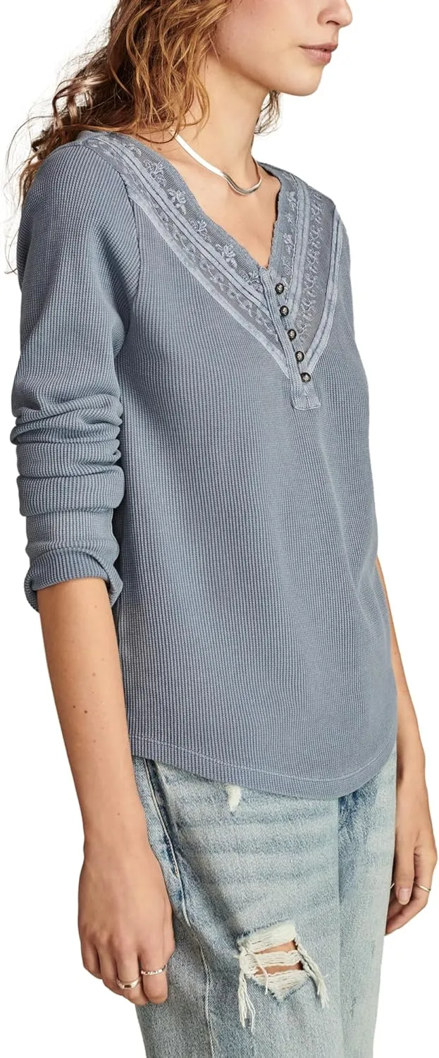 Lucky Brand Women's Embroidered Mesh Yoke Henley
