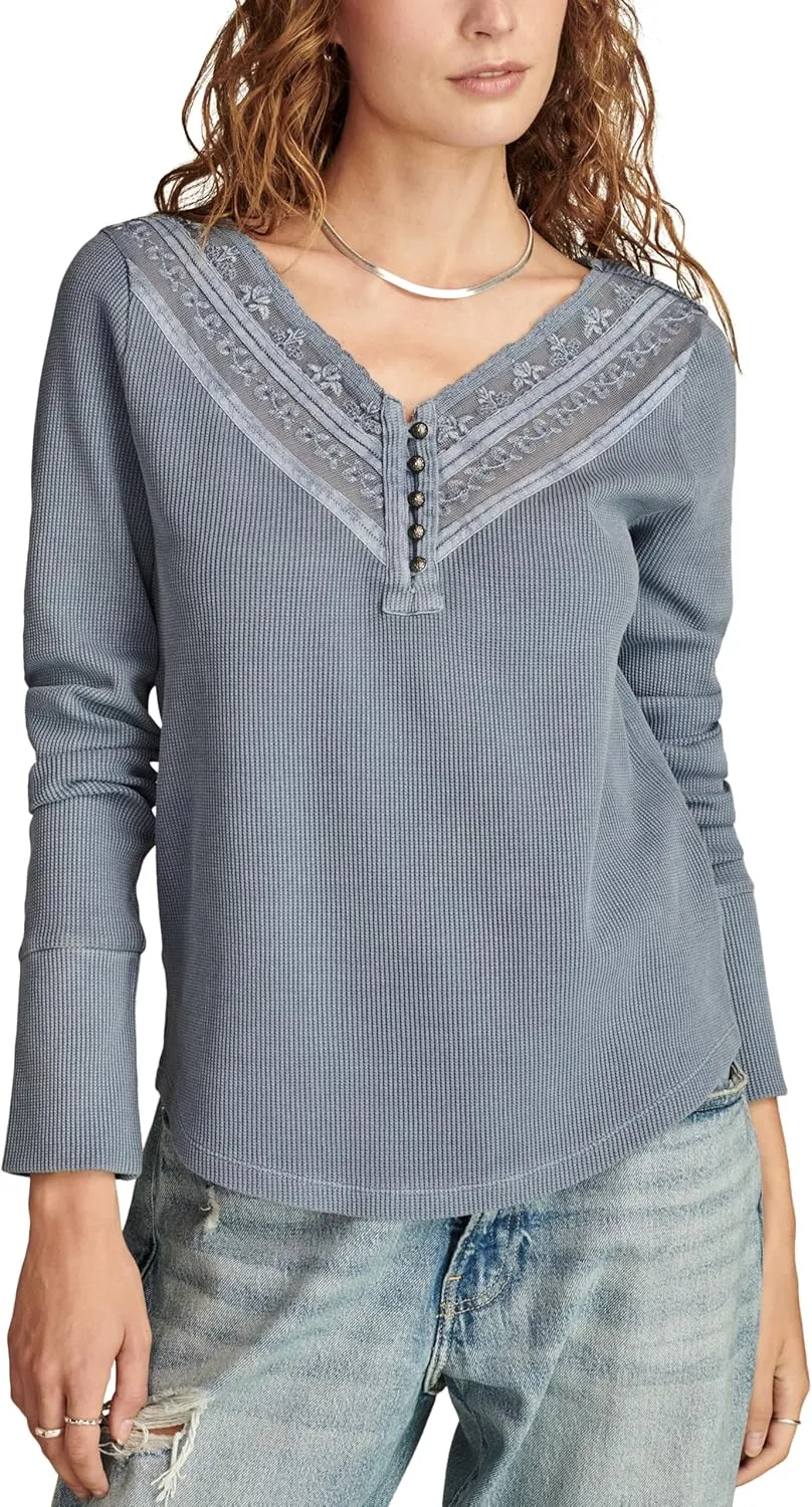 Lucky Brand Women's Embroidered Mesh Yoke Henley