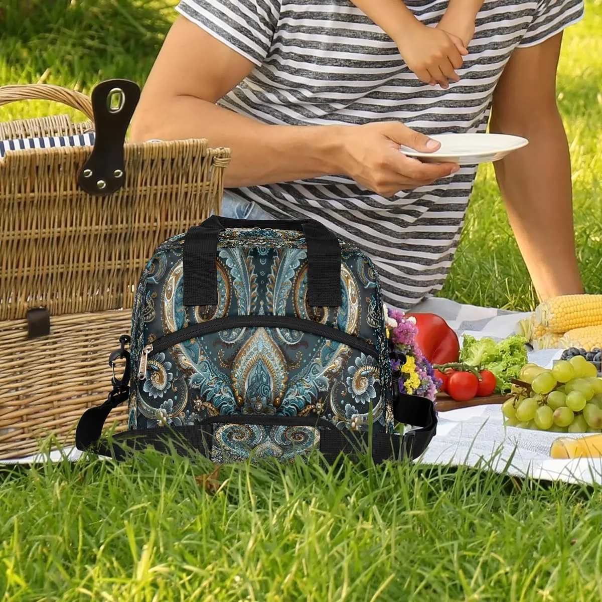 Lunch Bag for Women Men Ethnic Texture Solemn Insulated Large Cooler Box Reusable Meal Prep Bag Waterproof Leakproof Lunch Tote Box for Work Travel Beach Picnic Camping Outdoor Lunch Pail