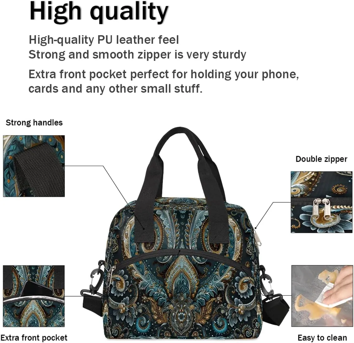 Lunch Bag for Women Men Ethnic Texture Solemn Insulated Large Cooler Box Reusable Meal Prep Bag Waterproof Leakproof Lunch Tote Box for Work Travel Beach Picnic Camping Outdoor Lunch Pail