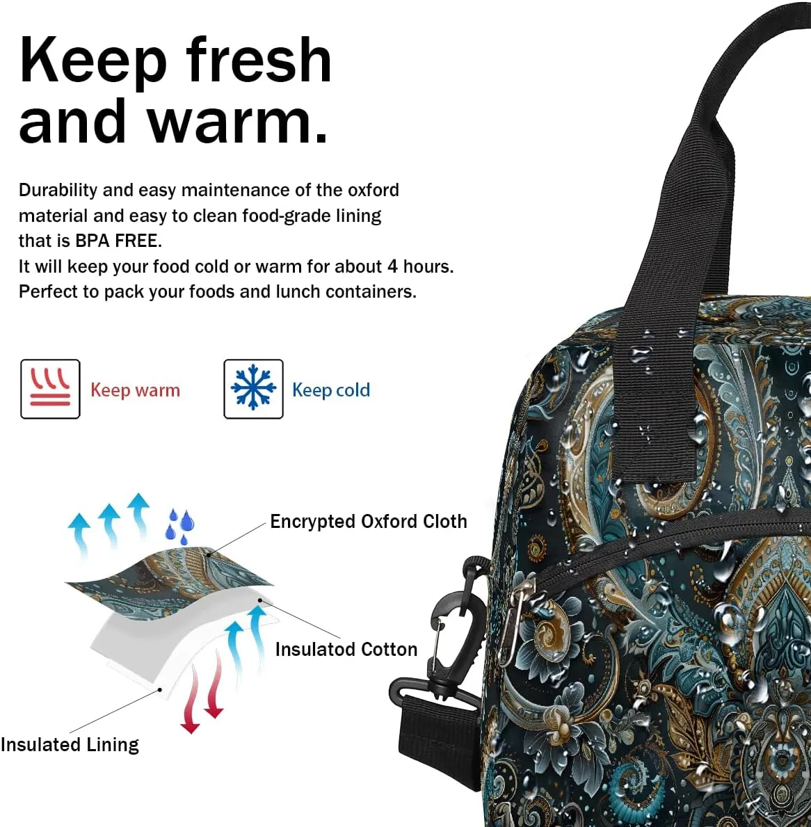 Lunch Bag for Women Men Ethnic Texture Solemn Insulated Large Cooler Box Reusable Meal Prep Bag Waterproof Leakproof Lunch Tote Box for Work Travel Beach Picnic Camping Outdoor Lunch Pail
