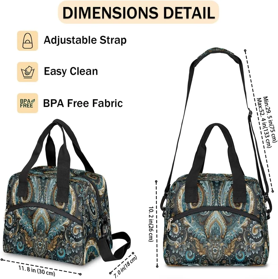 Lunch Bag for Women Men Ethnic Texture Solemn Insulated Large Cooler Box Reusable Meal Prep Bag Waterproof Leakproof Lunch Tote Box for Work Travel Beach Picnic Camping Outdoor Lunch Pail
