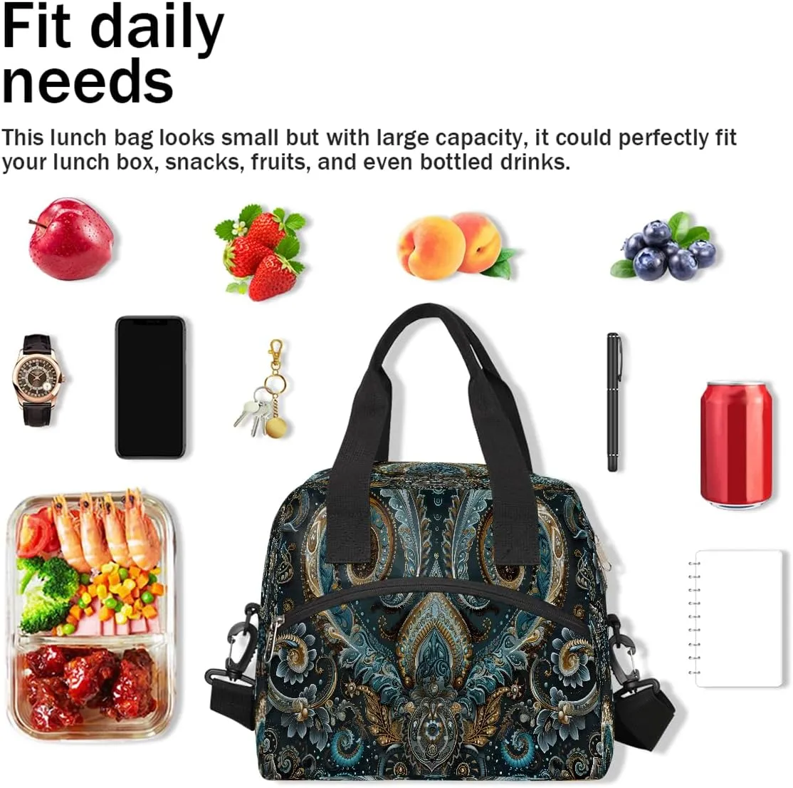 Lunch Bag for Women Men Ethnic Texture Solemn Insulated Large Cooler Box Reusable Meal Prep Bag Waterproof Leakproof Lunch Tote Box for Work Travel Beach Picnic Camping Outdoor Lunch Pail