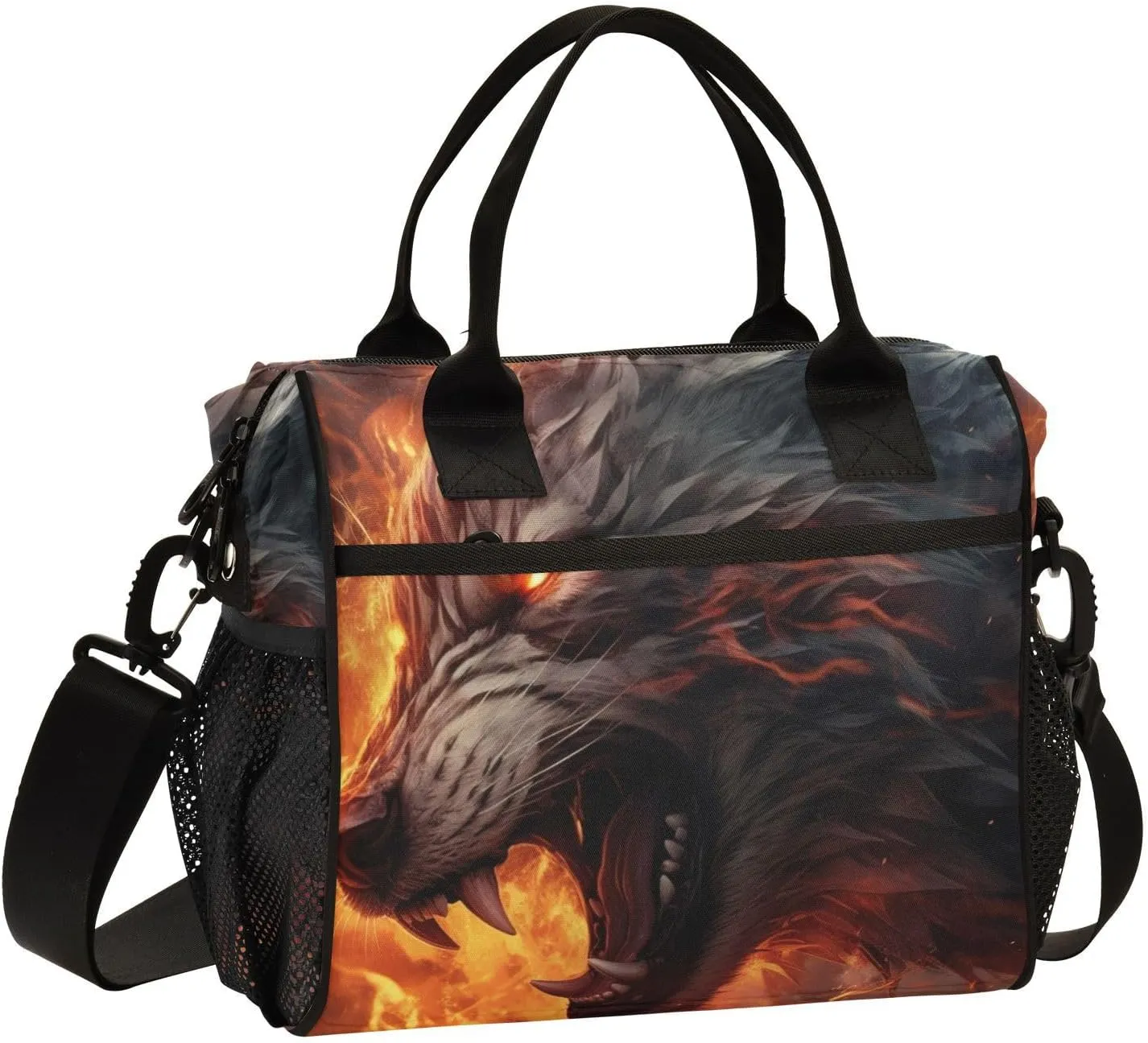 Lunch Bag Portrait Black Wolf Anger Lunch Box Cooler Bag Reusable Tote Shoulder Bag Insulated Lunch Bag for Outdoor Picnic Camping