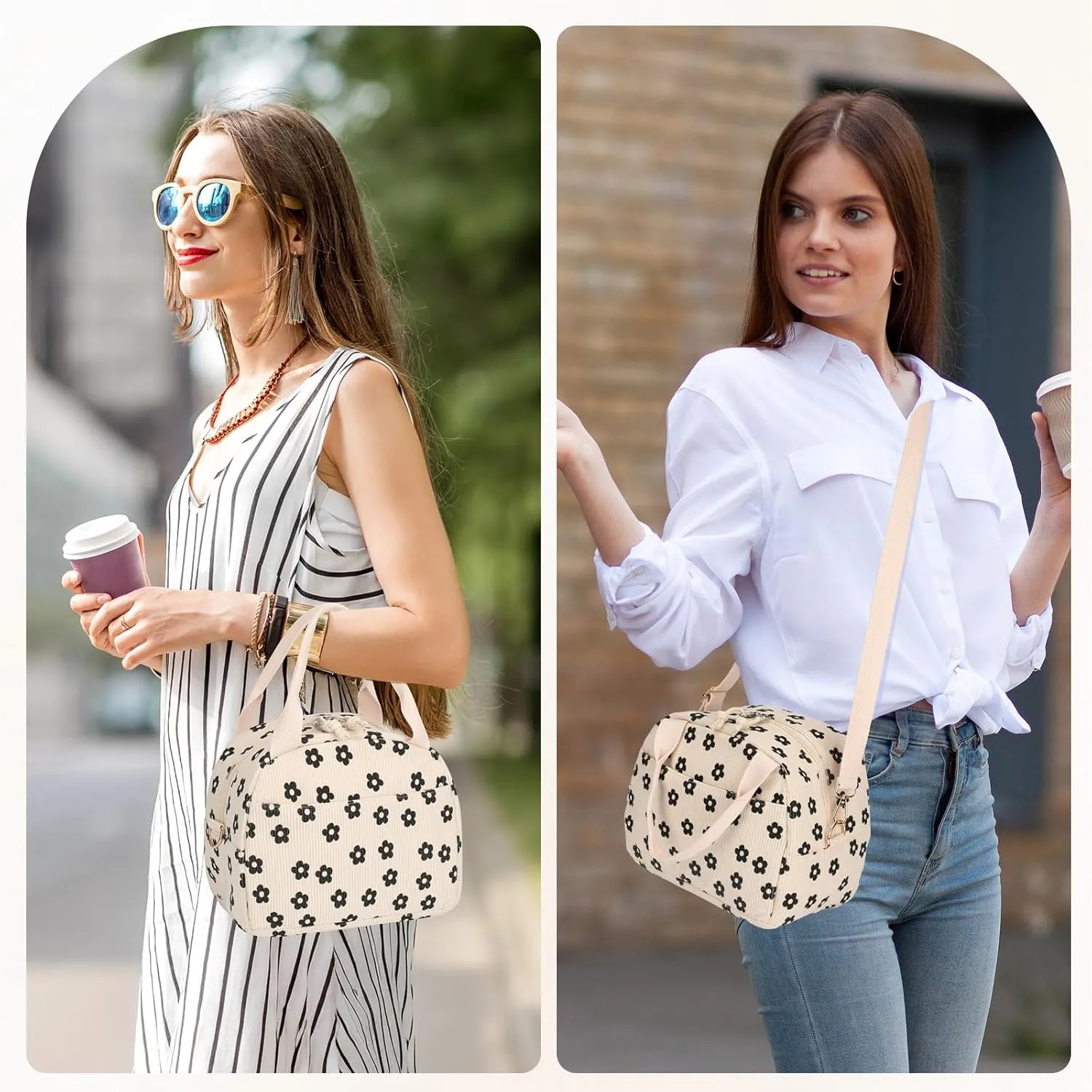 Lunch Bag Women with Shoulder Strap【Large Capacity】【Strengthen Insulation】【Durable ＆ Waterproof】 Cute Corduroy Lunch Tote Bag, Reusable Insulated Lunch Box/Cooler for Women/Girl/Men, Black-Flower