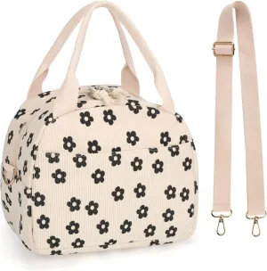 Lunch Bag Women with Shoulder Strap【Large Capacity】【Strengthen Insulation】【Durable ＆ Waterproof】 Cute Corduroy Lunch Tote Bag, Reusable Insulated Lunch Box/Cooler for Women/Girl/Men, Black-Flower