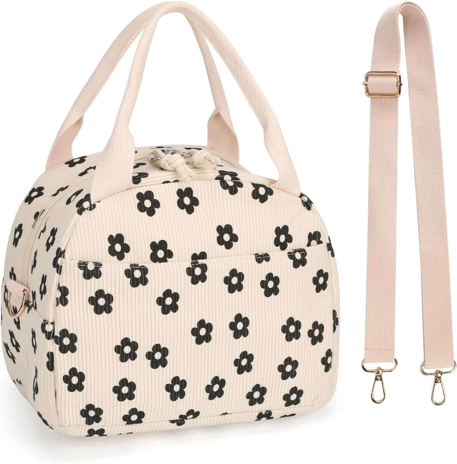 Lunch Bag Women with Shoulder Strap【Large Capacity】【Strengthen Insulation】【Durable ＆ Waterproof】 Cute Corduroy Lunch Tote Bag, Reusable Insulated Lunch Box/Cooler for Women/Girl/Men, Black-Flower