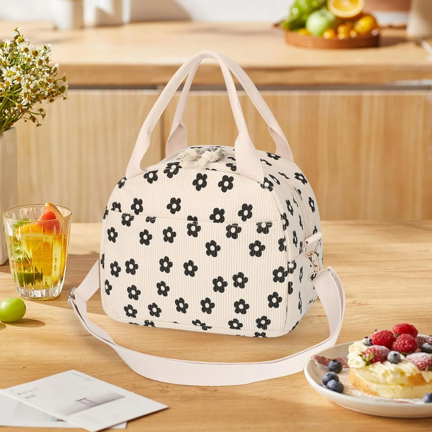 Lunch Bag Women with Shoulder Strap【Large Capacity】【Strengthen Insulation】【Durable ＆ Waterproof】 Cute Corduroy Lunch Tote Bag, Reusable Insulated Lunch Box/Cooler for Women/Girl/Men, Black-Flower