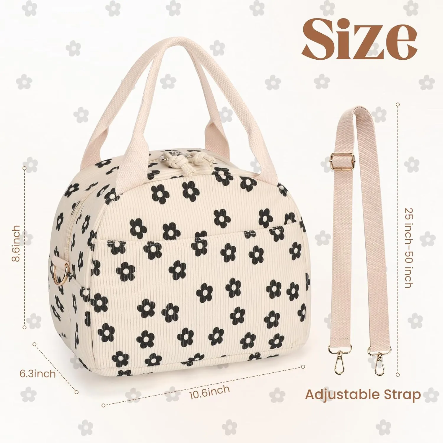 Lunch Bag Women with Shoulder Strap【Large Capacity】【Strengthen Insulation】【Durable ＆ Waterproof】 Cute Corduroy Lunch Tote Bag, Reusable Insulated Lunch Box/Cooler for Women/Girl/Men, Black-Flower