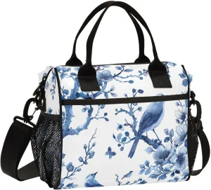 Lunch Bags Blue White Porcelain Insulated Reusable Lunch Box Large Leakproof Adult Lunch Cooler Bag with Adjustable Shoulder Strap for Picnic, Work, Camping,Medium