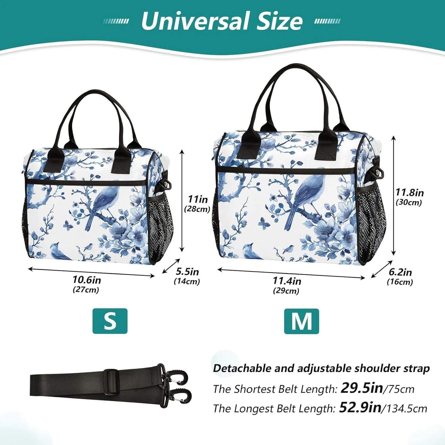 Lunch Bags Blue White Porcelain Insulated Reusable Lunch Box Large Leakproof Adult Lunch Cooler Bag with Adjustable Shoulder Strap for Picnic, Work, Camping,Medium