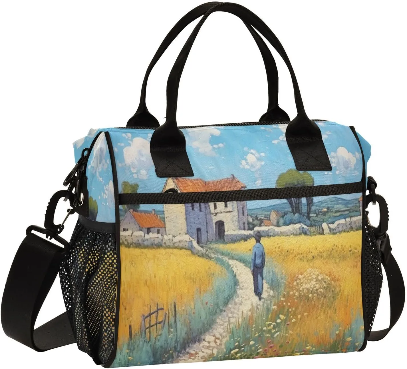 Lunch Bags Farmland Painting Insulated Reusable Lunch Box Large Leakproof Adult Lunch Cooler Bag with Adjustable Shoulder Strap for Picnic, Work, Camping,Small