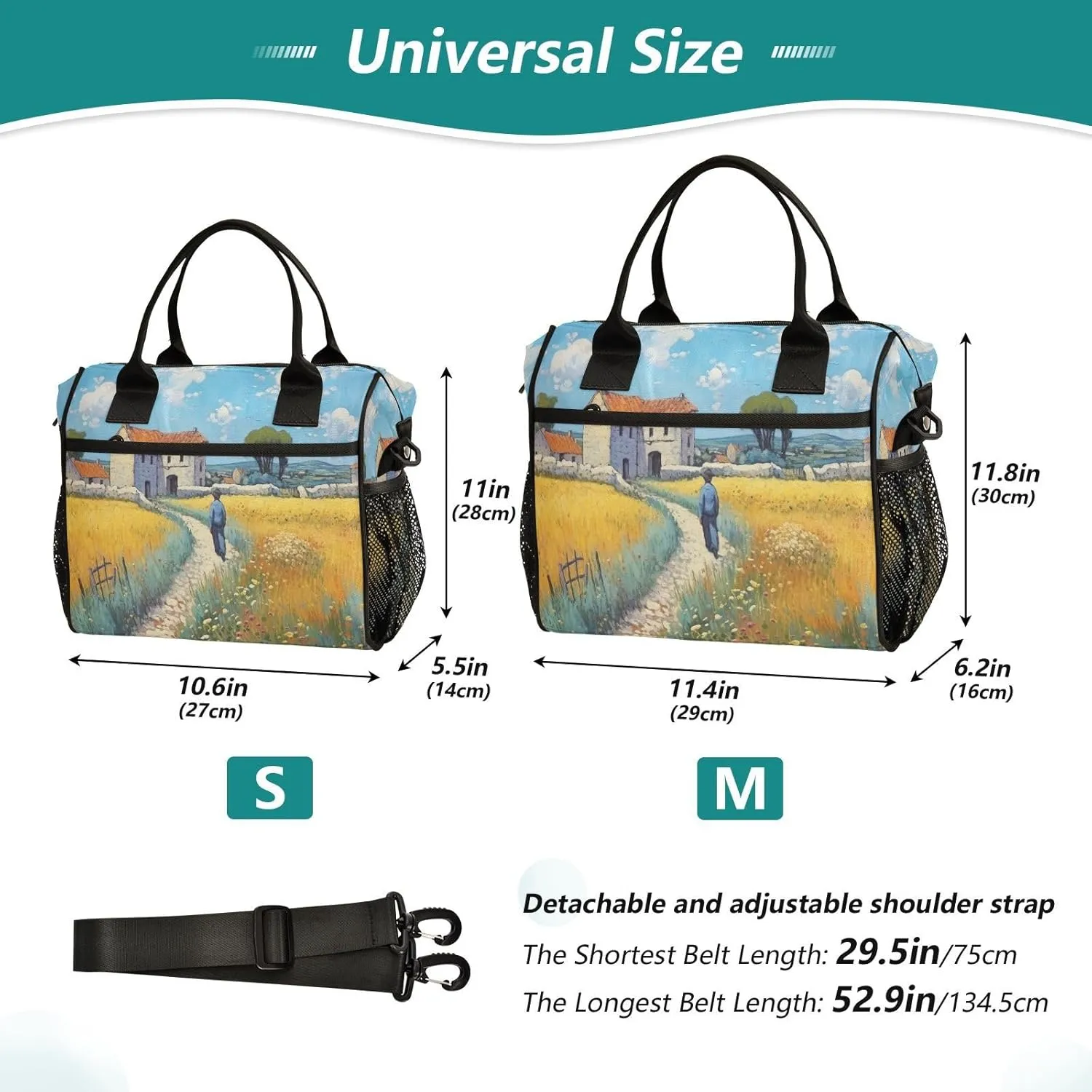 Lunch Bags Farmland Painting Insulated Reusable Lunch Box Large Leakproof Adult Lunch Cooler Bag with Adjustable Shoulder Strap for Picnic, Work, Camping,Small
