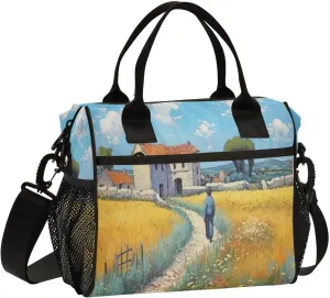 Lunch Bags Farmland Painting Insulated Reusable Lunch Box Large Leakproof Adult Lunch Cooler Bag with Adjustable Shoulder Strap for Picnic, Work, Camping,Small