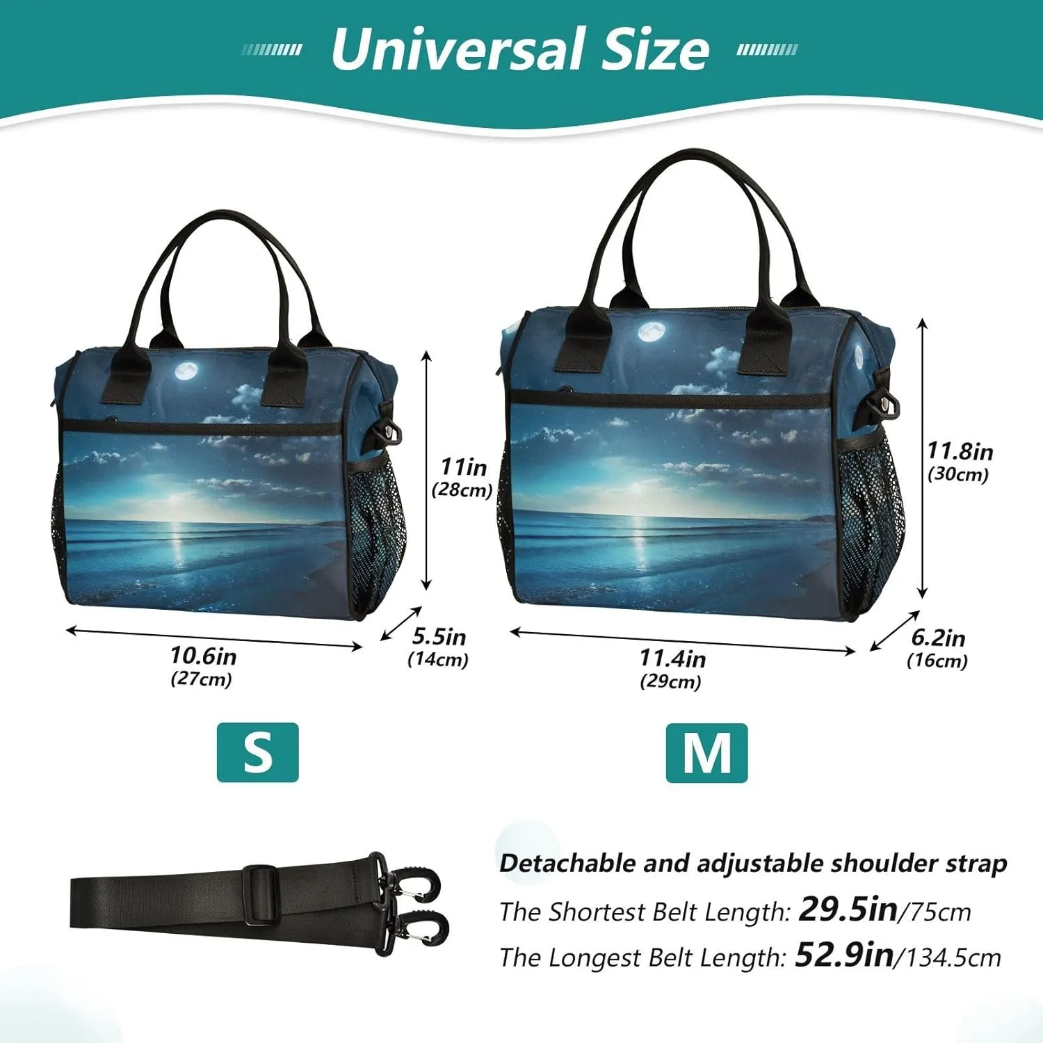 Lunch Bags Quiet Night Moon Ocean Insulated Reusable Lunch Box Large Leakproof Adult Lunch Cooler Bag with Adjustable Shoulder Strap for Picnic, Work, Camping,Medium