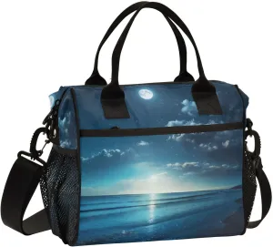 Lunch Bags Quiet Night Moon Ocean Insulated Reusable Lunch Box Large Leakproof Adult Lunch Cooler Bag with Adjustable Shoulder Strap for Picnic, Work, Camping,Medium
